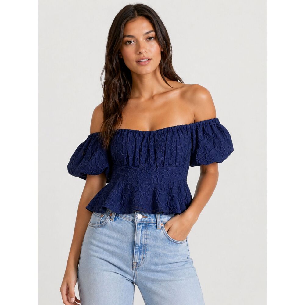 Express Off Shoulder Crop Top Small Blue Textured Peplum Puff Sleeve Zip Back